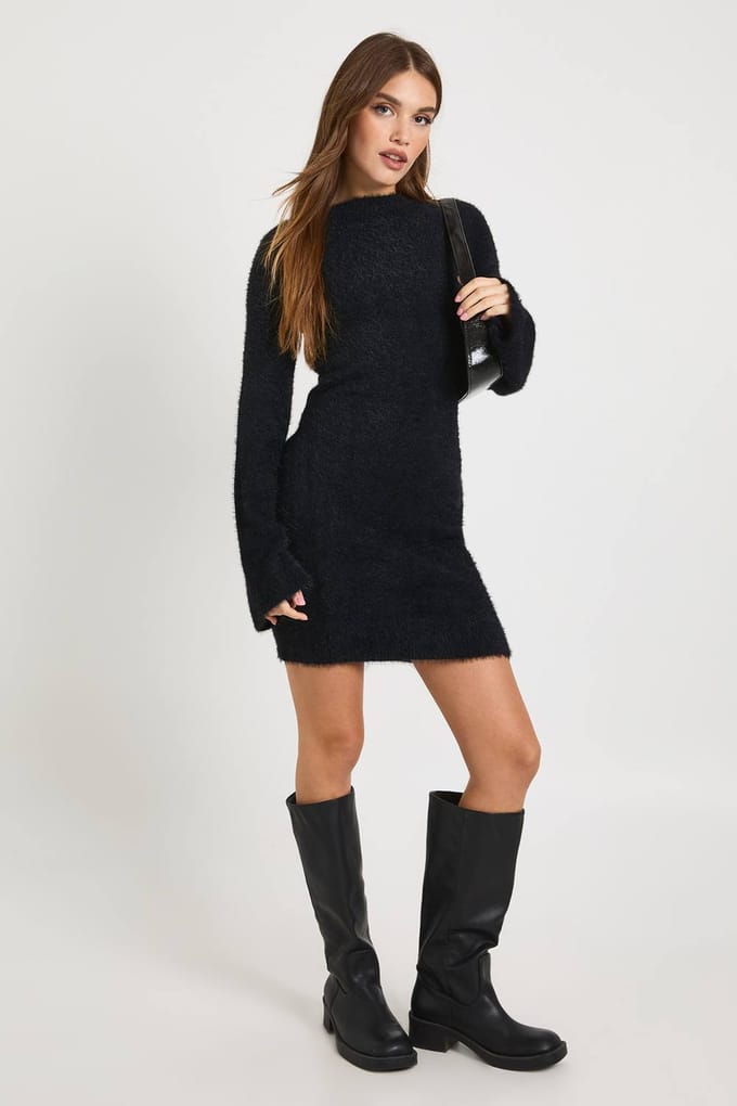 boohoo Dames Bow Back Detail Super Soft Knitted Mini Dress | Black | Maat: Small