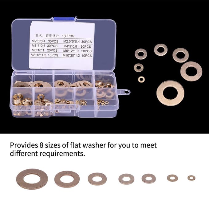 180 stuks Messing Platte Ringen Assortimentsset met Doos M2M2.5M3M4M5M6M8M10