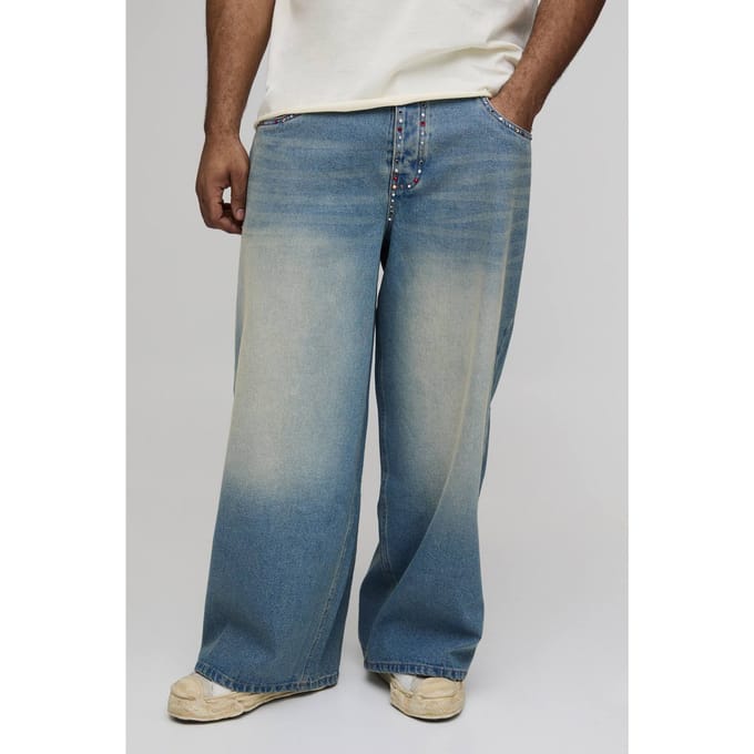 Plus Baggy Jeans Met Meerdere Zakken En Strass Afwerking | Vintage Blue | Size 42
