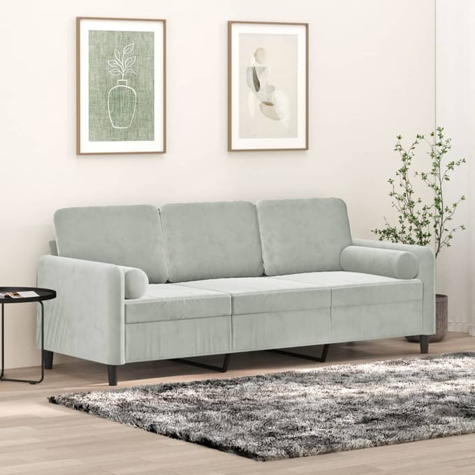 vidaXL - Driezitsbank - met - sierkussens - 180 - cm - fluweel - lichtgrijs