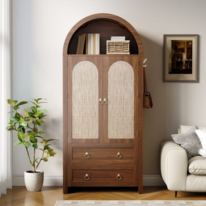 PHOEBE CAT Boekenkast - Dressoir - Halmeubel - Gebogen rotan deur - 2 lades - Bruin