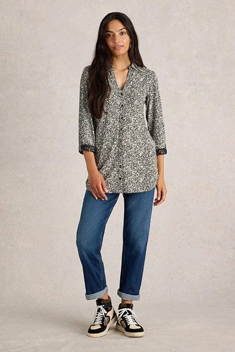 White Stuff Annie Longline Shirt Black Print Größe: 6 REGULAR | Business hemden Outlet | Damen | Schwarz