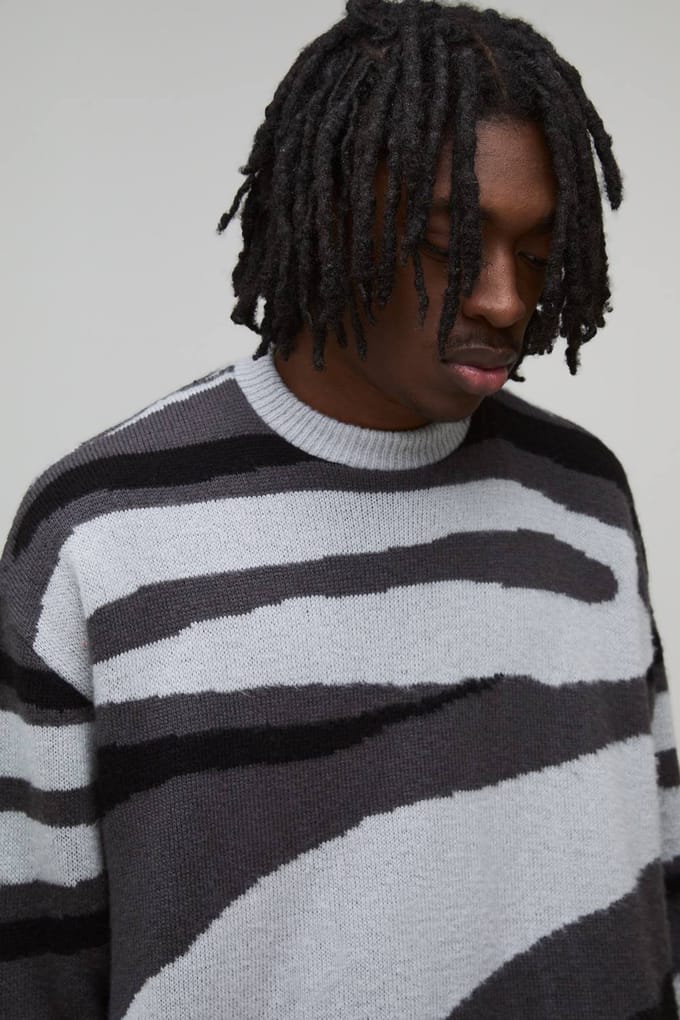 Oversized Boxy Geborsteld Dierlijk Gebreide Trui | Grey | Size Medium