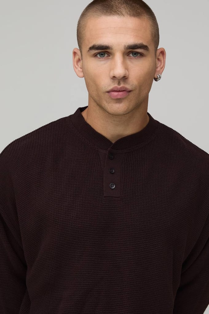 Essential Relaxed Fit Henley Waffle Knitted T-Shirt | Chocolate | Size Medium
