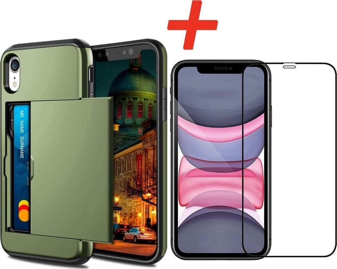 Pasjeshouder geschikt voor Apple iPhone XR - Groen - met Glazen Screenprotector