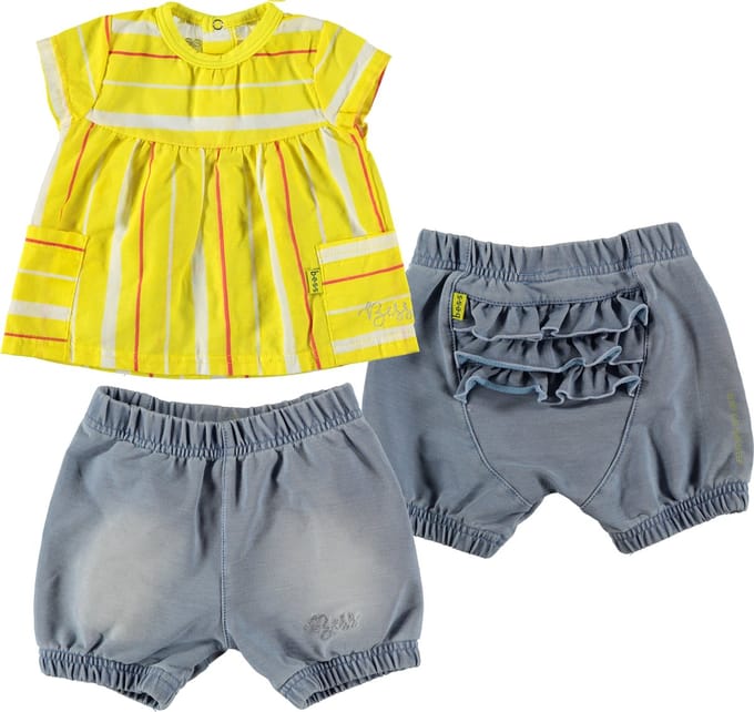 BESS - kledingset - 2delig - Short Jogdenim Light wash - Blouse geel wit rood - Maat 50