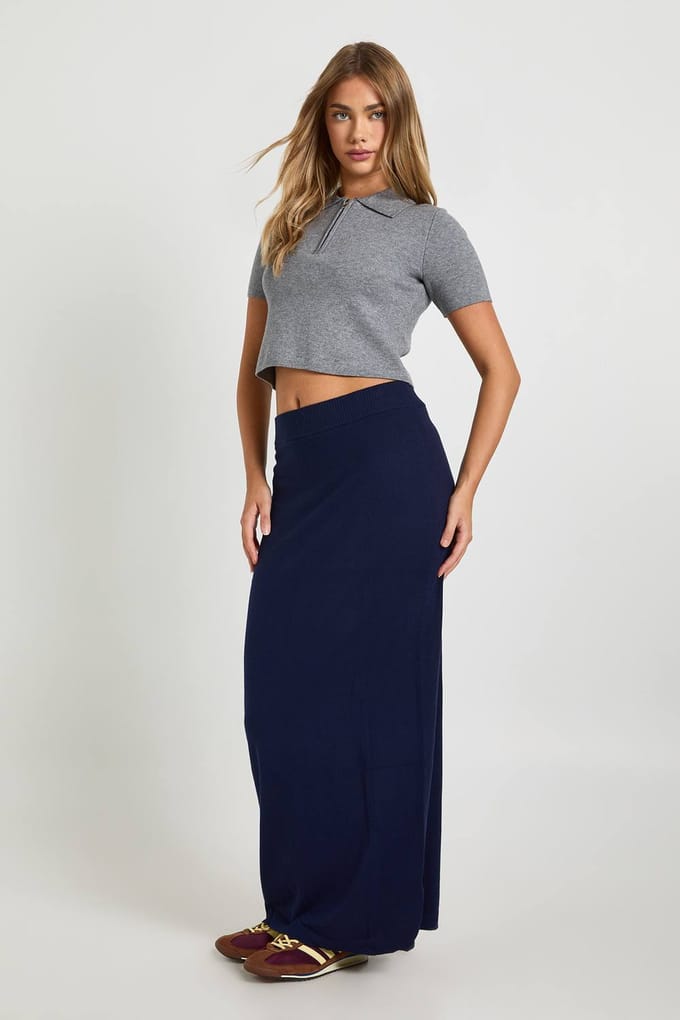 boohoo Dames Geribde Gebreide Maxi Rok | Navy | Maat: Medium