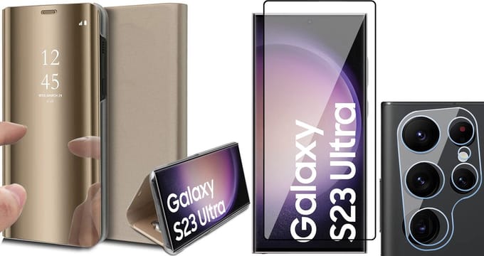 Hoesje geschikt voor Samsung Galaxy S23 Ultra - Screenprotector FlexGuard & Camera Lens Screen Protector - Book Case Spiegel Goud