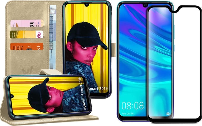Hoesje geschikt voor Huawei P Smart 2019 Book Case Kunstleer Wallet Goud + Screenprotector Glas Full Screen Protector