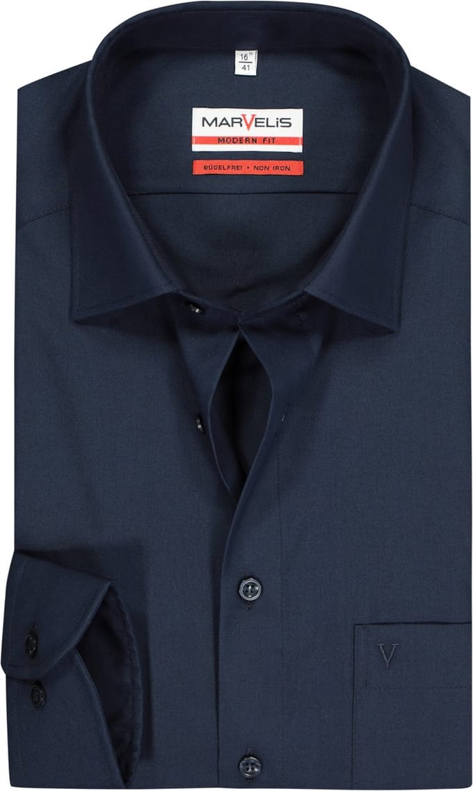 MARVELIS modern fit overhemd - donkerblauw - Strijkvrij - Boordmaat: 48 (EU maat: 3XL)