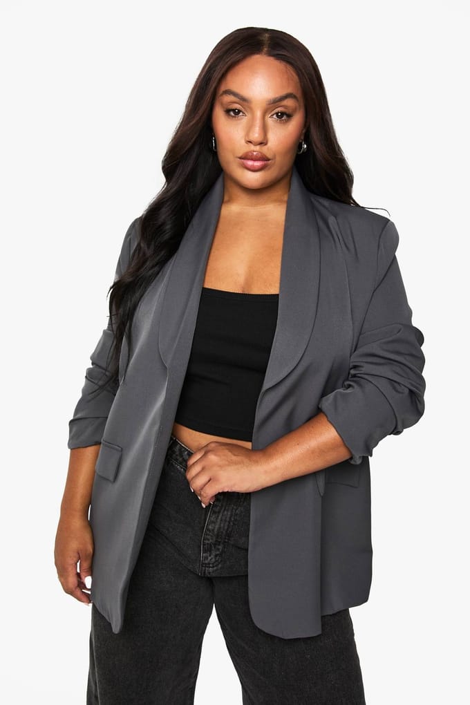 boohoo Dames Plus Geweven Dubbelgeknoopte Oversized Blazer | Grey | Maat: 18
