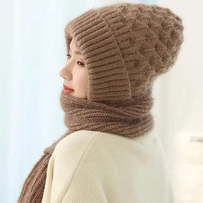 Without Lemon - 2-in-1 Winter Warm Gebreid Muts Sjaal - One Size - Bruin