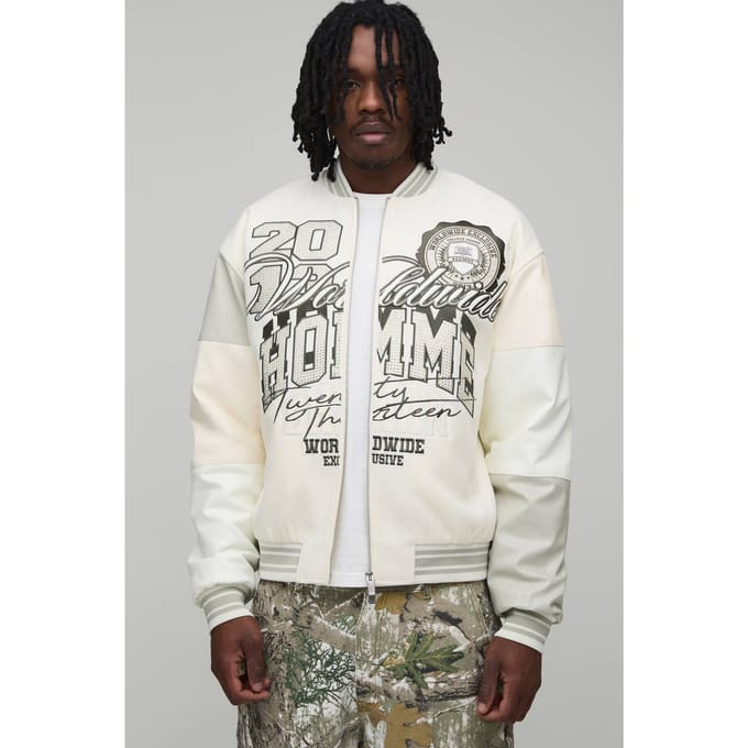 Tall Melton & PU Mixed Fabric Embellished Varsity Jacket | Ecru | Size Large