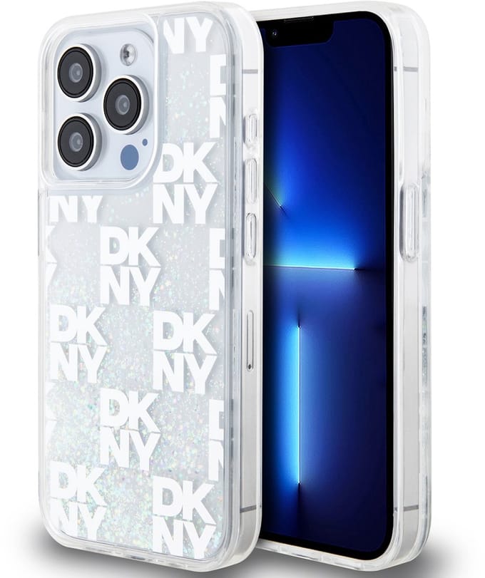 DKNY Liquid Glitter Checkered Pattern Back Case - Geschikt voor Apple iPhone 15 Pro (6.1") - Wit