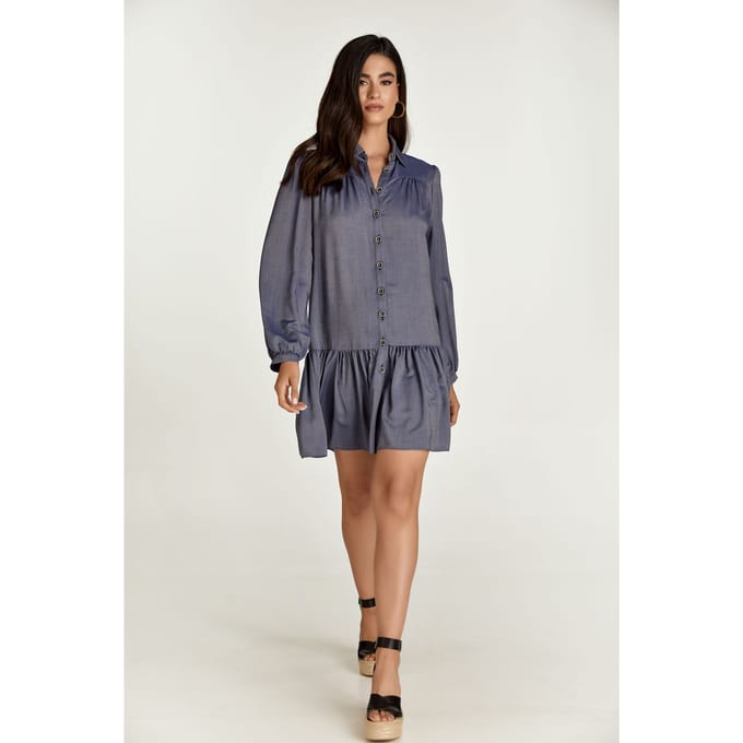 Blauwe denim stijl jurk met knopen