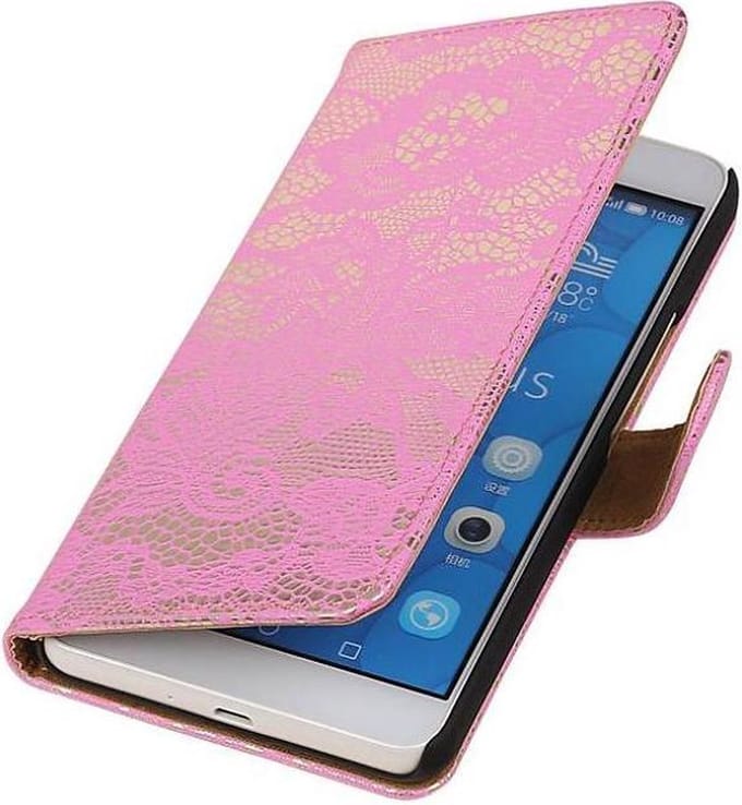 Lace Bookstyle Wallet Case Hoesjes Geschikt voor Huawei Honor 6 Plus Roze
