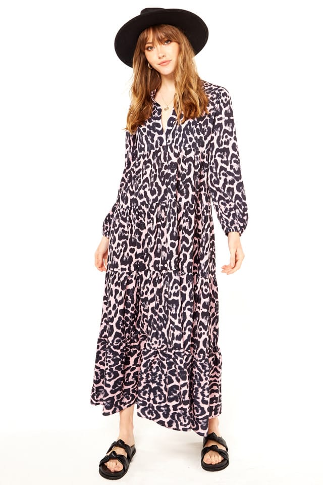 Roze dierenprint gelaagde maxi -jurk