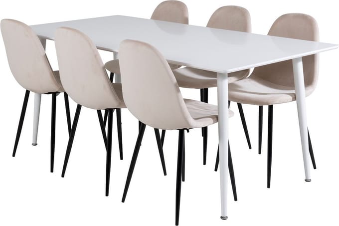Polar180X90WHWH eethoek eetkamertafel wit en 6 Polar eetkamerstal velours beige.