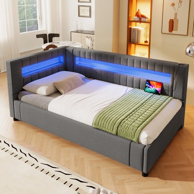 MODFU Bedframe 90x200 cm – linnen en MDF – met hydraulische opbergruimte en LED-licht – grijs – modern design