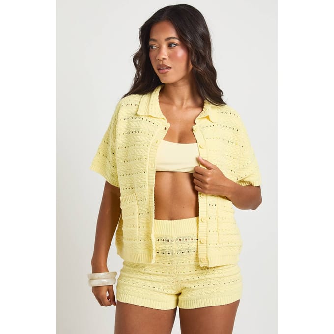 boohoo Dames Gehaakte Gebreide Shirt En Short Set | Boter | Maat: Medium