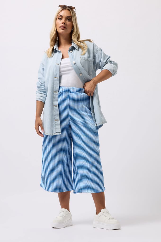 Yours Blue Gingham Textured Midaxi Culottes Size 48