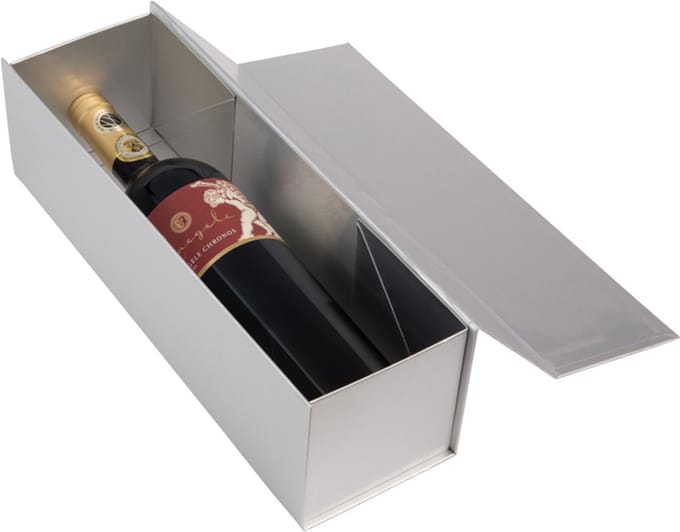 Glans wijnflesdoos met magneetsluiting Zilver - 30x10x10cm - 25 stuks