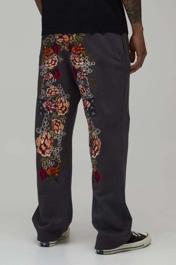 Straight Fit Floral Embroidered Jogger | Charcoal | Size Medium