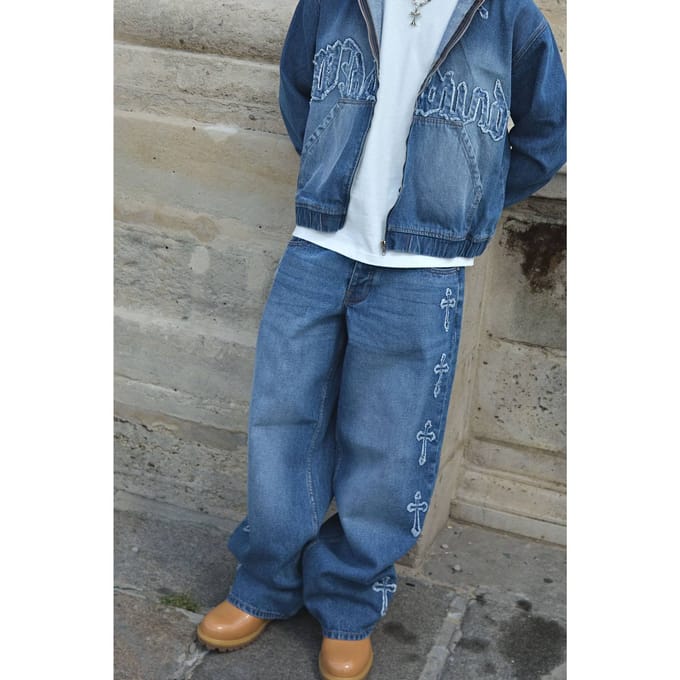 Baggy Fit Cross Applique Washed Jeans | Mid Blue | Size 46R