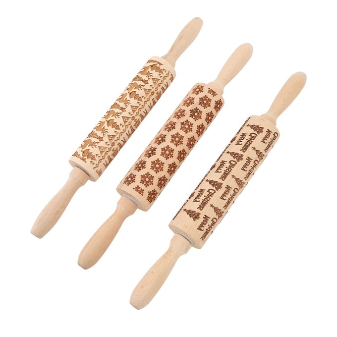 3 stuks Houten Reliëf Deegroller Schattig Kerstpatroon Gegraveerde Reliëf Deegroller voor Bakken beige