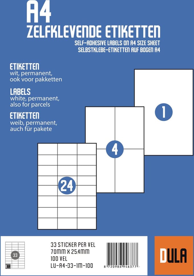 DULA Etiketten - Stickervellen A4 - 33 stickers per vel - 70 x 25,4 mm - 100 vel