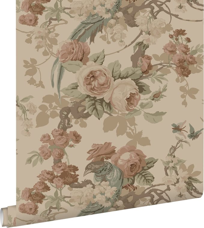 ESTAhome behang bloemen en vogels beige - 50 x 900 cm - 139808