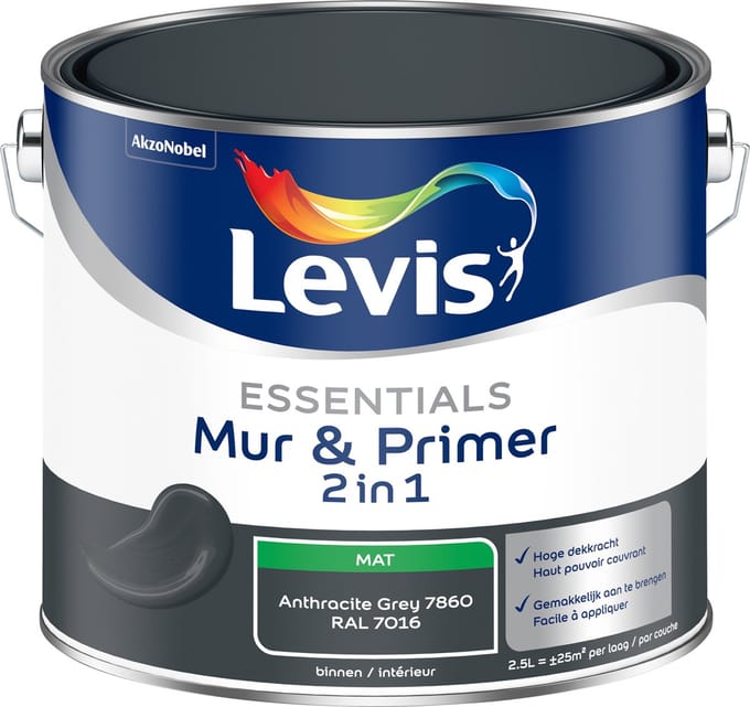 Levis - Essentials Mur & Primer - Anthracite Grey (Ral 7016) - 2,5 L