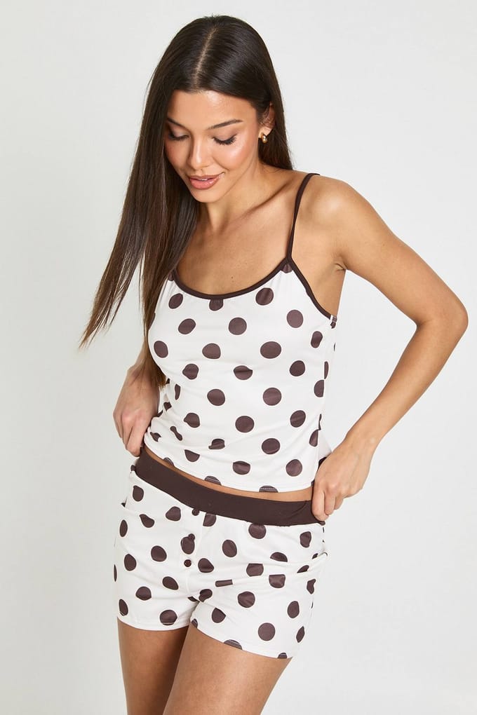 boohoo Dames Polkadot Hemd & Short Pyjama Set | Beige | Maat: 42