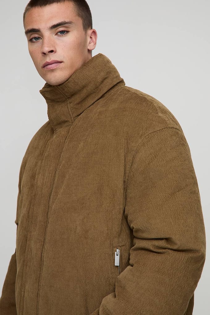 Boxy Fit Textured Velour Funnel Neck Puffer Jacket | Tan | Size Medium