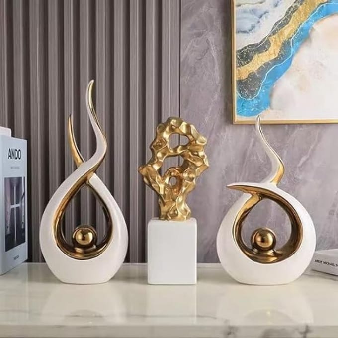 Luxe Decoratie Beelden Set Goud Wit - 3 Keramische Beelden 14-33 cm Modern Interieur