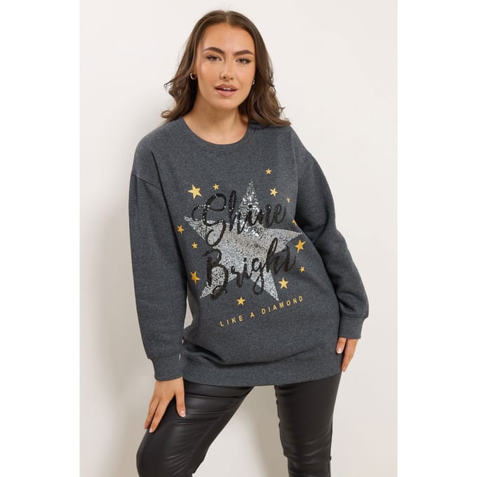 Yours Grey 'Shine Bright' Sweatshirt Met Ster En Paillettenversiering Size 48
