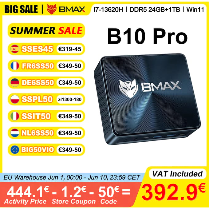 BMAX B6 Plus Mini-PC – Intel Core i3 – 12 GB DDR4 – 512 GB NVMe SSD – Windows 11 Pro – Iris Plus Graphics – 4K Triple Display – WiFi 5 – Compact & Uitbreidbaar