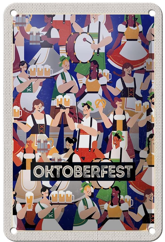 Blechschild Reise 12x18cm Oktoberfest Trommel Tanzen Trinken Schild