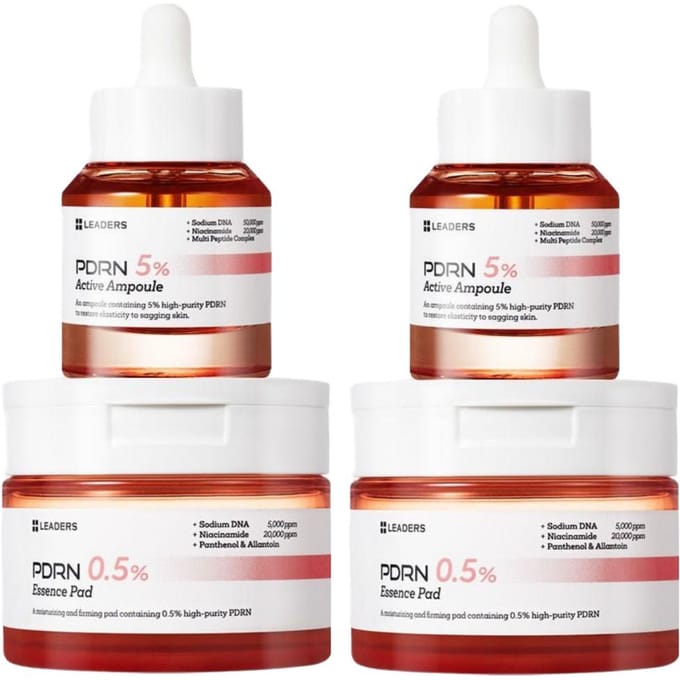 LEADERS Ampoule Active PDRN 30ml Double Pack + Pack de Pads Essentiels 135ml Ensemble Soin Anti-Âge Raffermissant 4 articles white