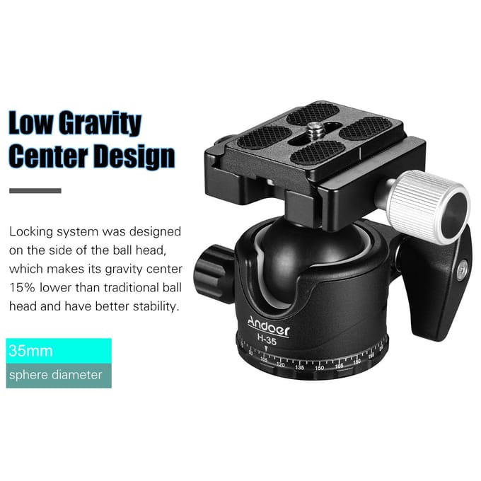 Andoer H-35 Panorama Statief Balhoofd Balhoofd Mount Adapter U-Groef Low Gravity Center Design zwart