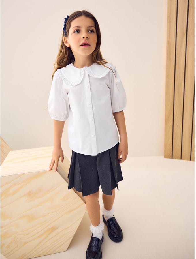 Next - Meisjes - Schoolblouse met klittenbandsluiting, kraag met ruches en hoog aandeel katoen - Wit