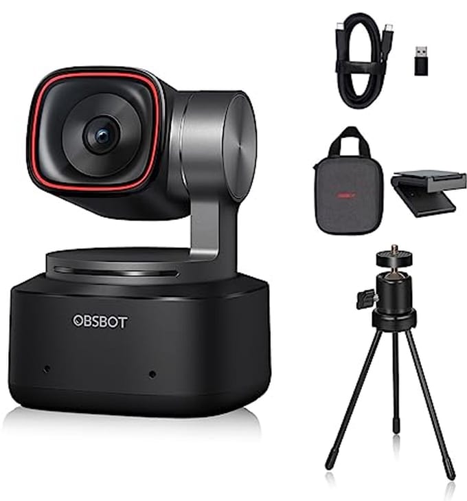 OBSBOT Tiny 2 AI-Powered PTZ 4K Webcam 1/1.5 Inch CMOS 4X Faster Focus USB 3.0 10X Faster Data Transfer, Voice Control, with Table Mini Tripod
