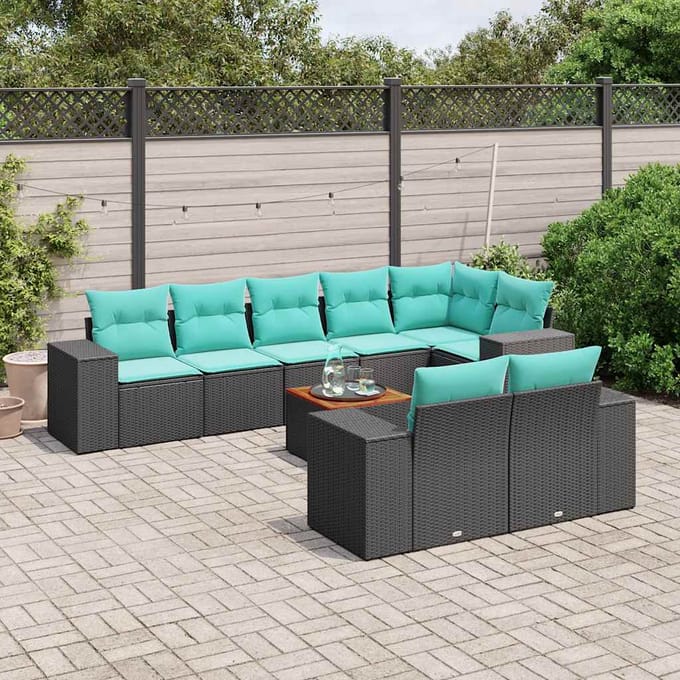 vidaXL - 9-delige - tuinbankset - met - kussens - van - zwart - polyrotan