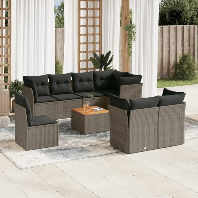 vidaXL - 9-delige - Loungeset - met - kussens - poly - rattan - grijs