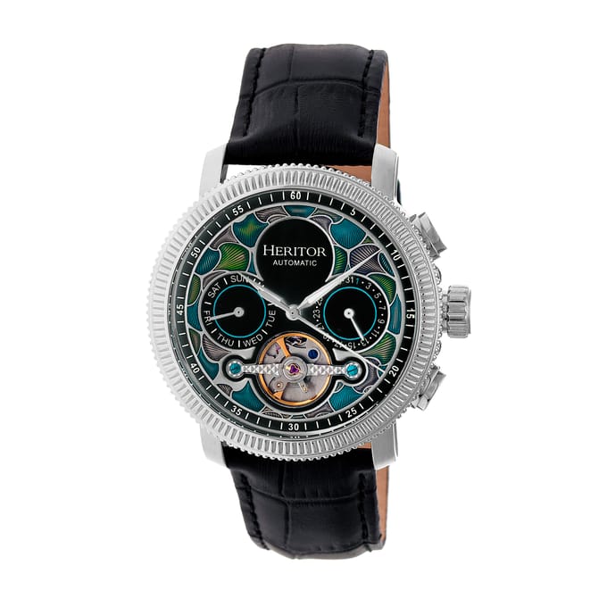 Heritor Automatic Aura Heren Semi-Skelet Lederen Band Horloge - Zilver/Zwart