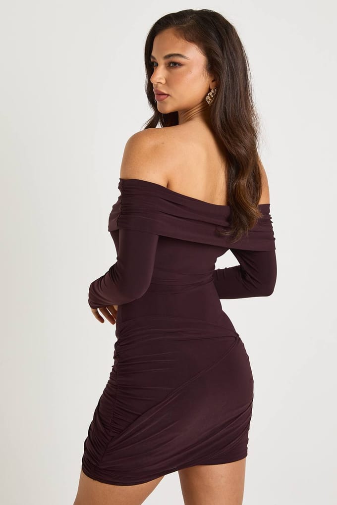 boohoo Dames Bardot Drapedetail Lang Mouw Mini-jurk | Chocolate | Maat: 14