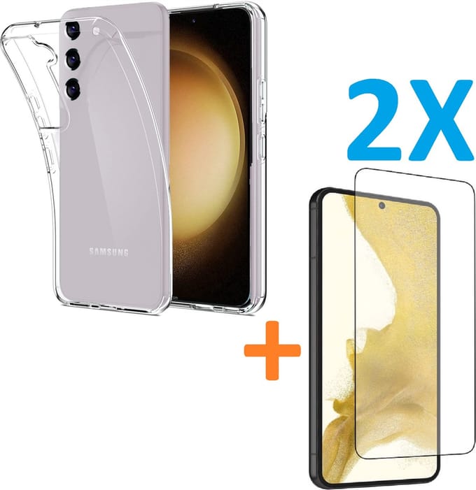 Silicone hoesje transparant met 2 Pack Tempered glas Screen Protector Geschikt voor: Samsung Galaxy S23 Plus