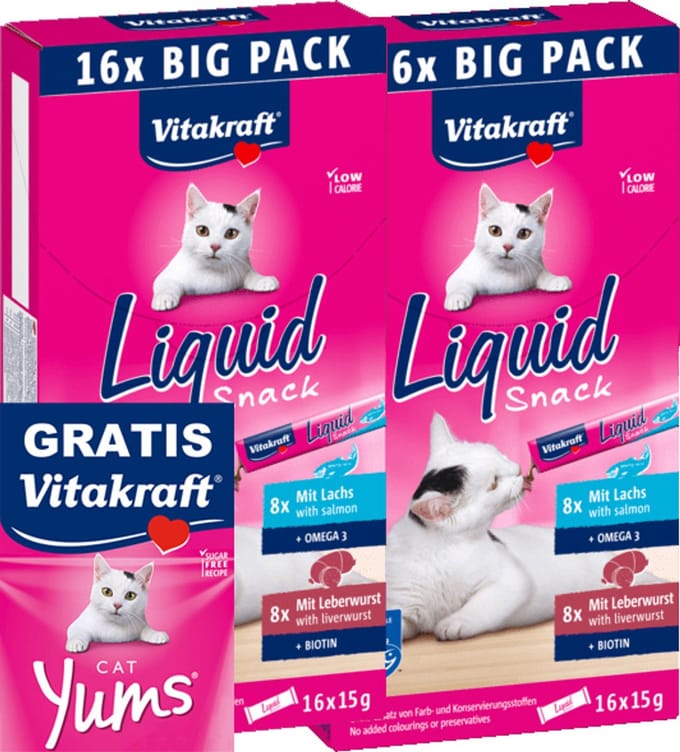 2 stuks Vitakraft liquid snack multipack zalm en leverworst met GRATIS Vitakraft yums 40 gram