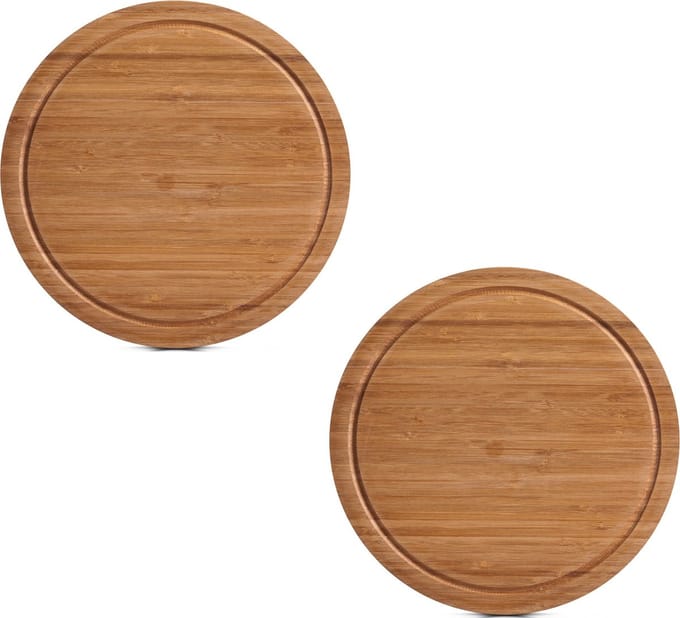 Snijplanken- 2x - rond - d30 cm - bamboe hout - met sapgroef - serveerplank - broodplank
