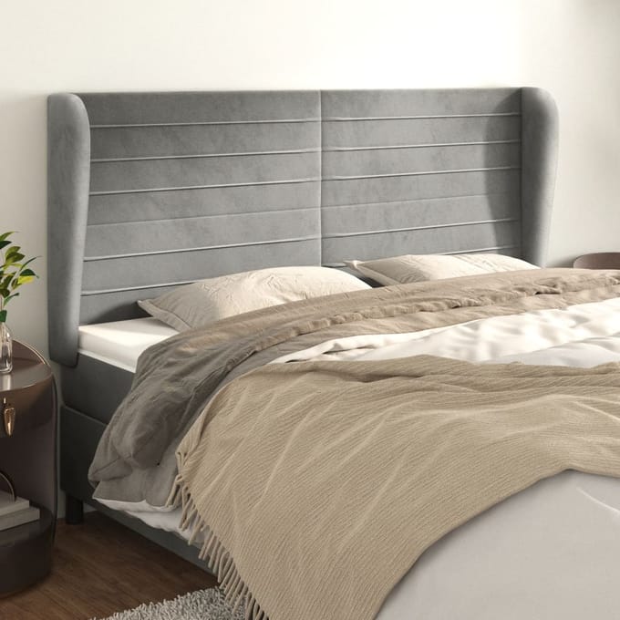 vidaXL - Hoofdbord - met - randen - 183x23x118/128 - cm - fluweel - lichtgrijs